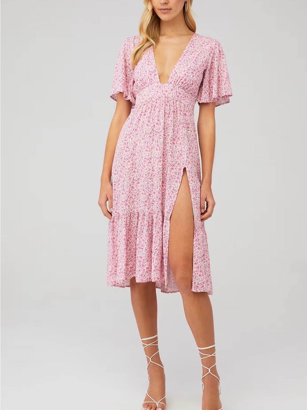 Blush Pink Floral V-Neck Midi Dress with Side Slit